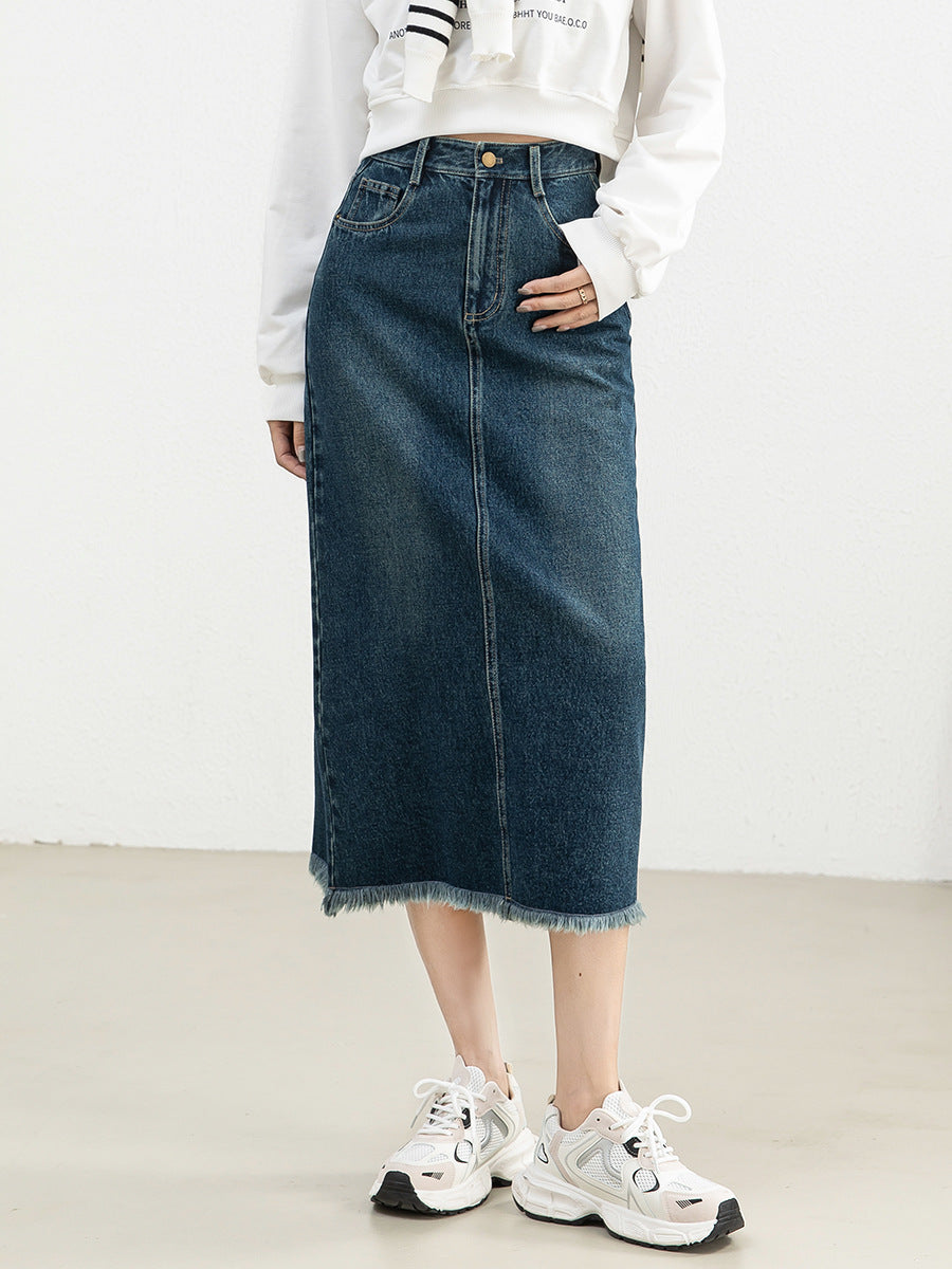 Women's Retro High Waist Raw Hem Denim Skirt