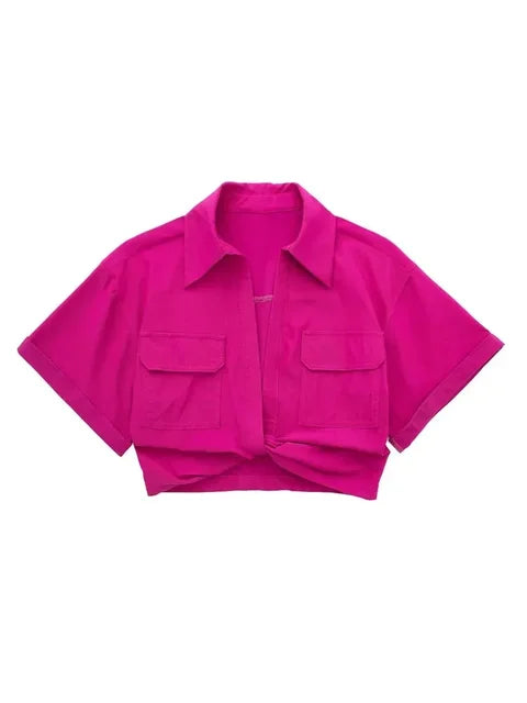 Blouse Women Fashion Front Knot Elastic Linen Cropped Shirts Vintage Short Sleeve Patch Pockets Female Blouses Blusa Chic Tops