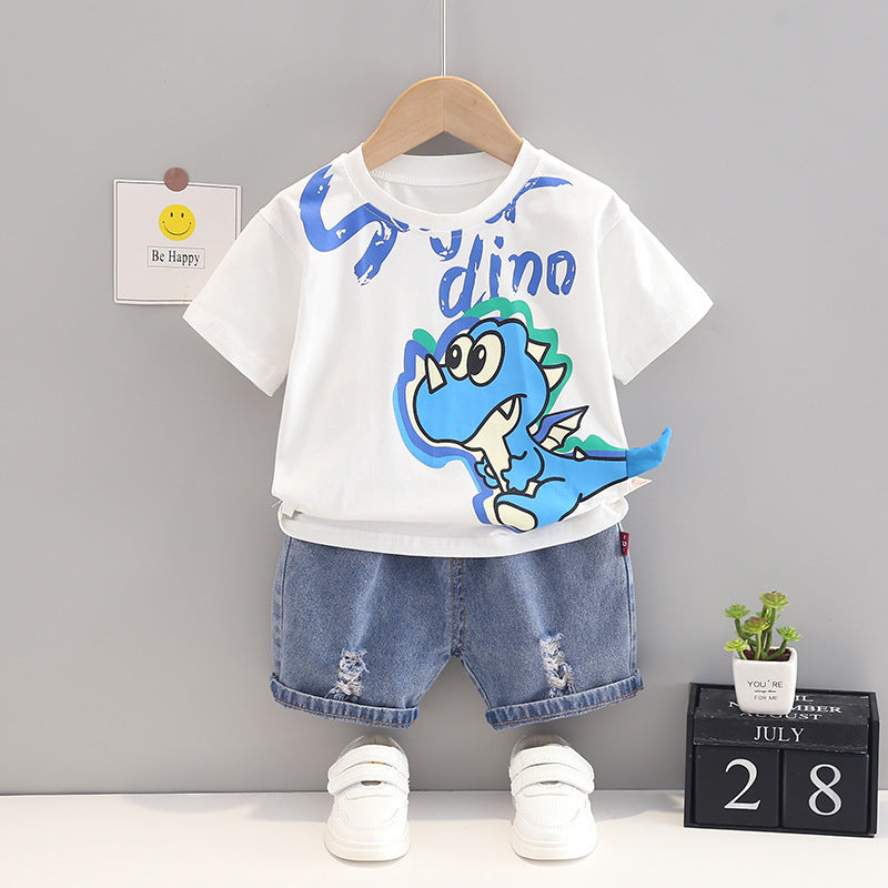 Dinosaur Round Neck Short Sleeve Cotton T-shirt Denim Shorts Suit