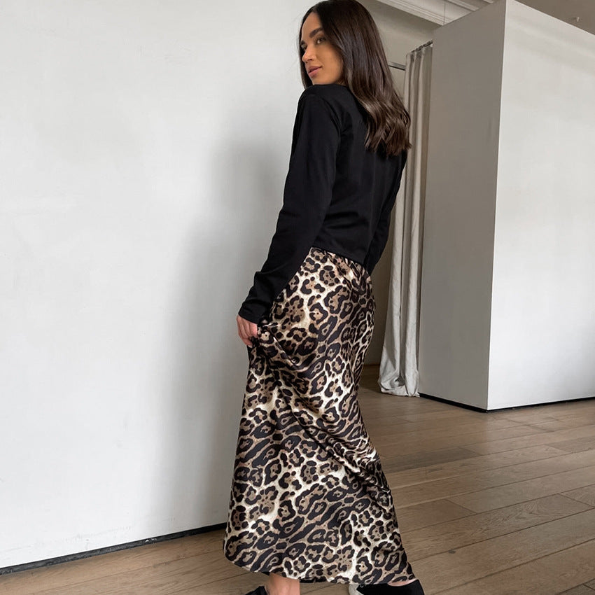 Women's French Leopard Print Versatile High Waisted Skirt