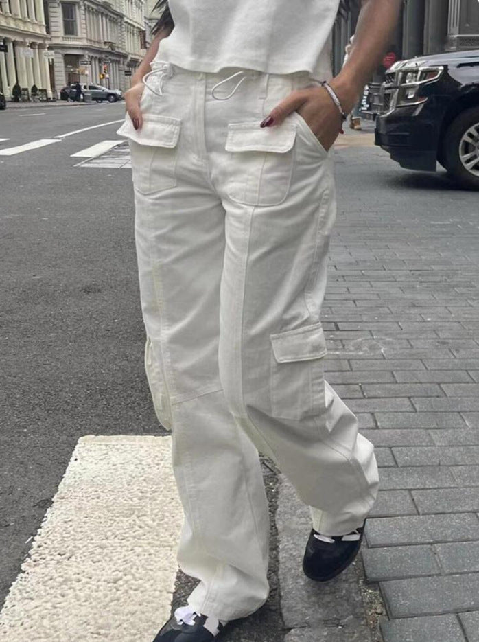 American Retro White Straight-cut Trousers With Multiple Pockets