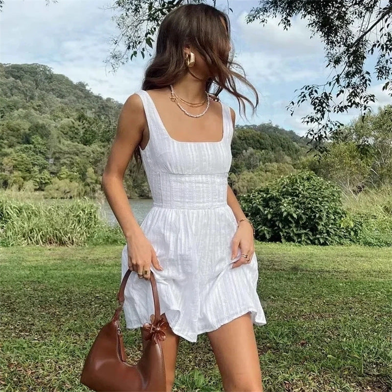 Square Collar Off-shoulder Sleeveless Vest Sling Dress