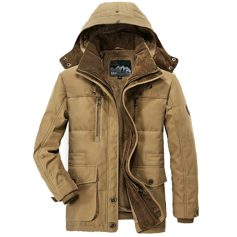 Thickened multi-pocket hooded men's cotton coat