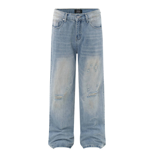 Make Old Ripped Denim Straight Pants Men