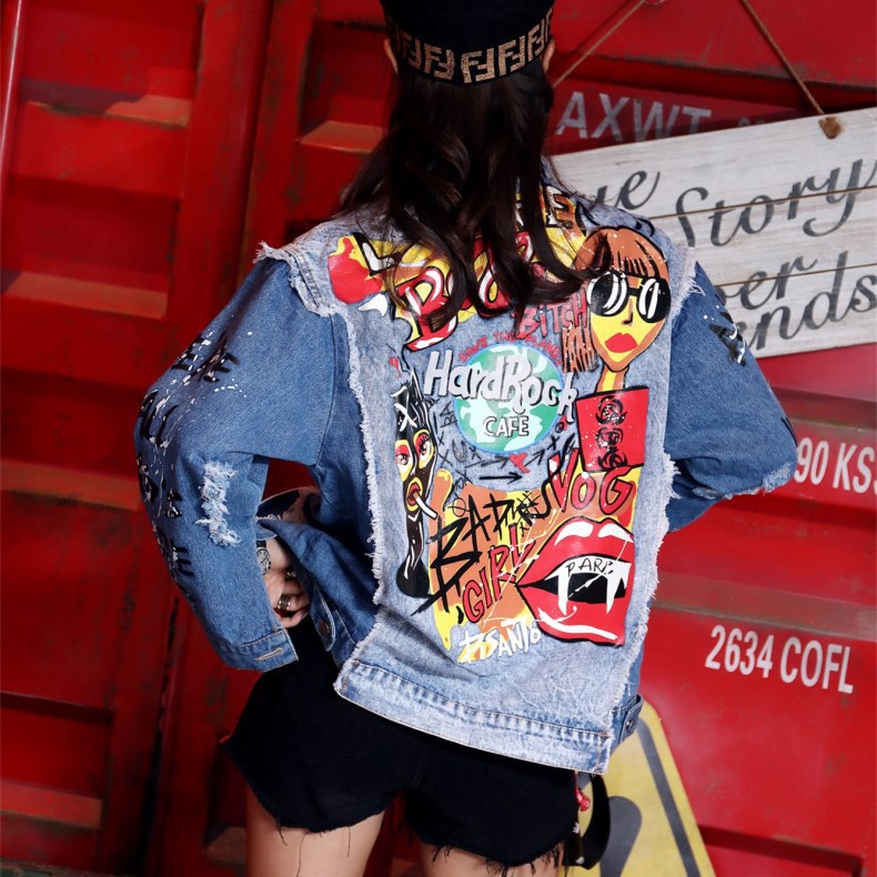 Abstract Print Long-sleeved Denim Jacket | Trendy Women's Outerwear