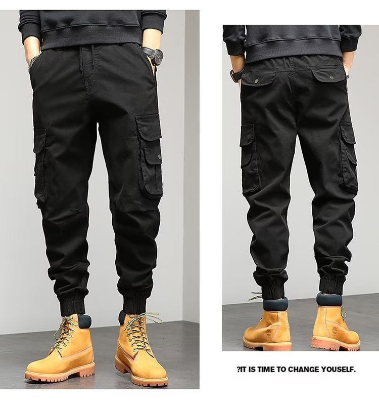 Men's Cropped Tooling Spring And Autumn Loose-fitting Casual Ankle-banded Trousers Multi-pocket