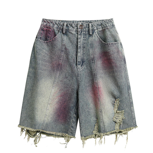 Ripped Washed Spray Color Denim Shorts For Men Summer Loose Straight Street Fashion