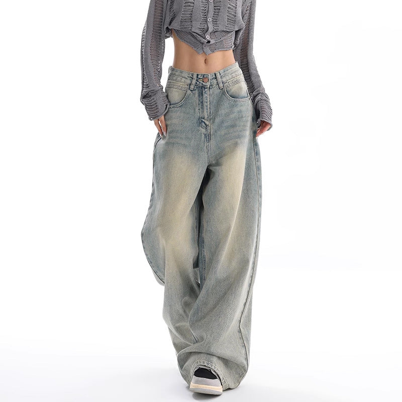 Retro Denim American Style Loose Slimming Mop Wide Leg Pants