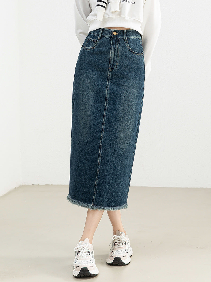 Women's Retro High Waist Raw Hem Denim Skirt