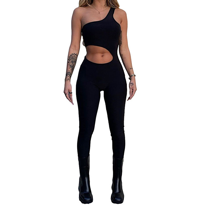 Summer Women's High Waist Slanted Shoulder Hollow Skinny Sports Casual Jumpsuit