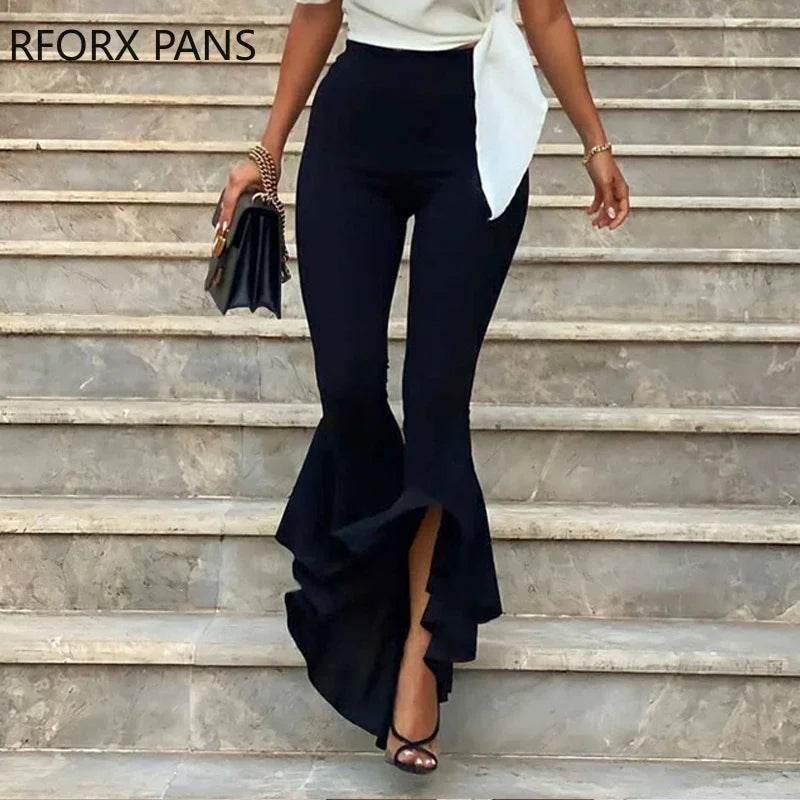 Women Elegant One Shoulder Lace up Ruffle Hem Skinny Suit sets