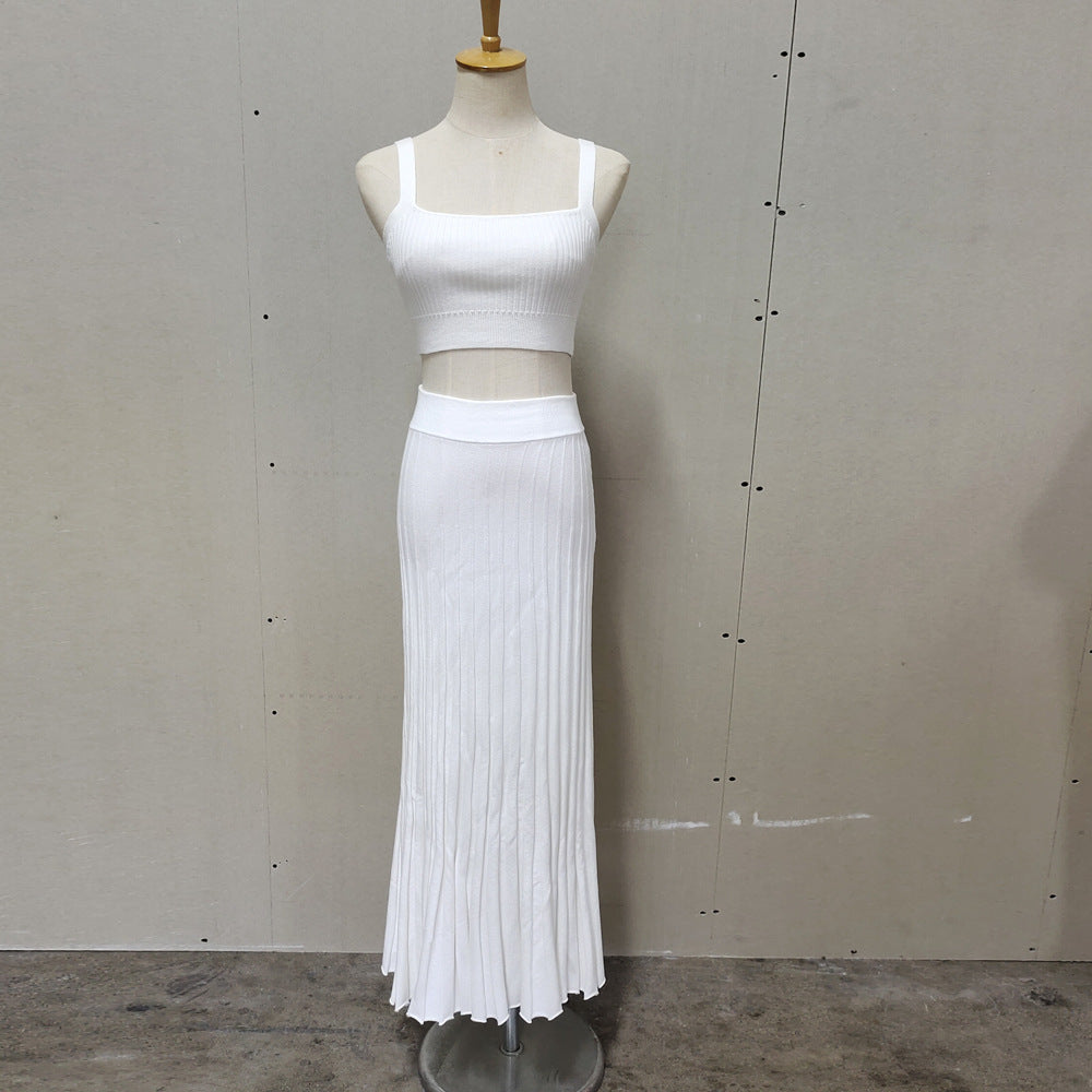 New White Knit Fall Ribbed Tank Top And Pleated Knitted Skirt