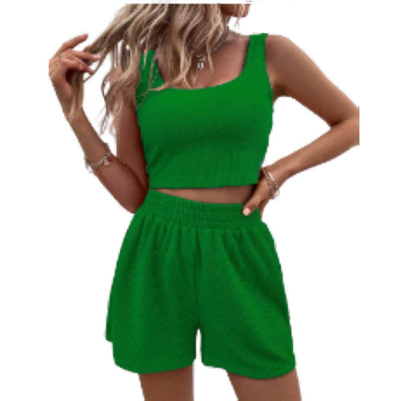 Sweet Knitted Suit Summer Square Neck Vest Top And Elastic Shorts Fashion Casual Solid Color 2Pcs Set Womens Clothing