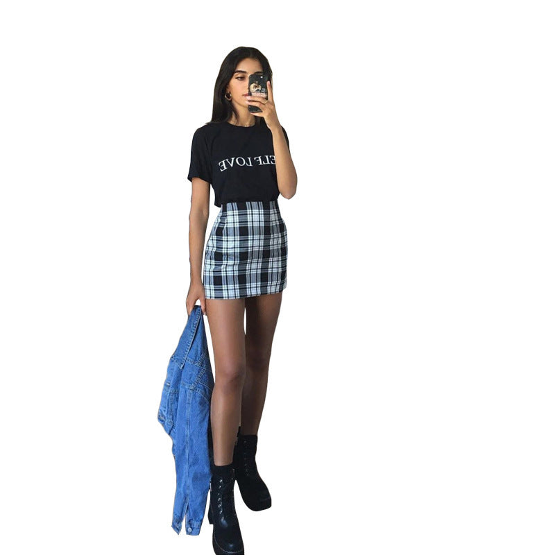 Plaid sexy bag hip skirt