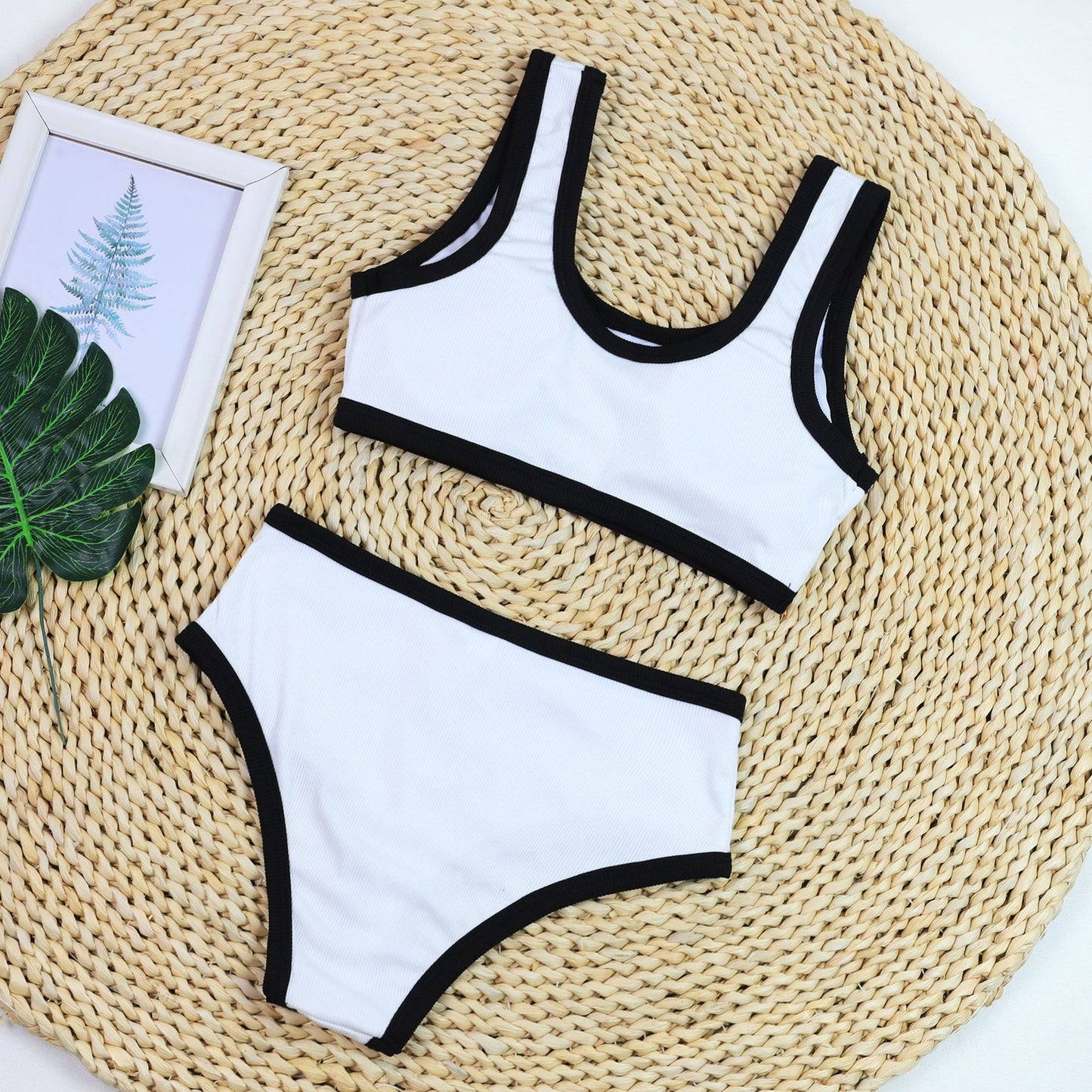 Sexy Black And White Color Matching High Waist Split Bikini Swimsuit