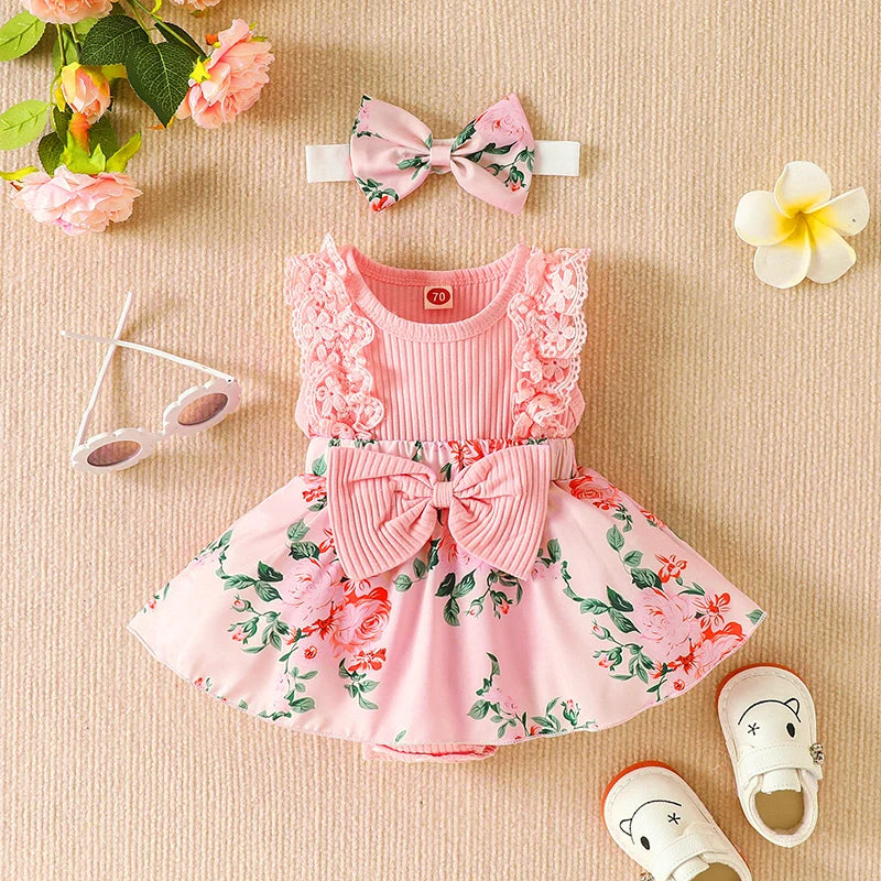 IBaby and Children's Set with Pit Strip Lace Splicing Flower Full Print jumpsuit