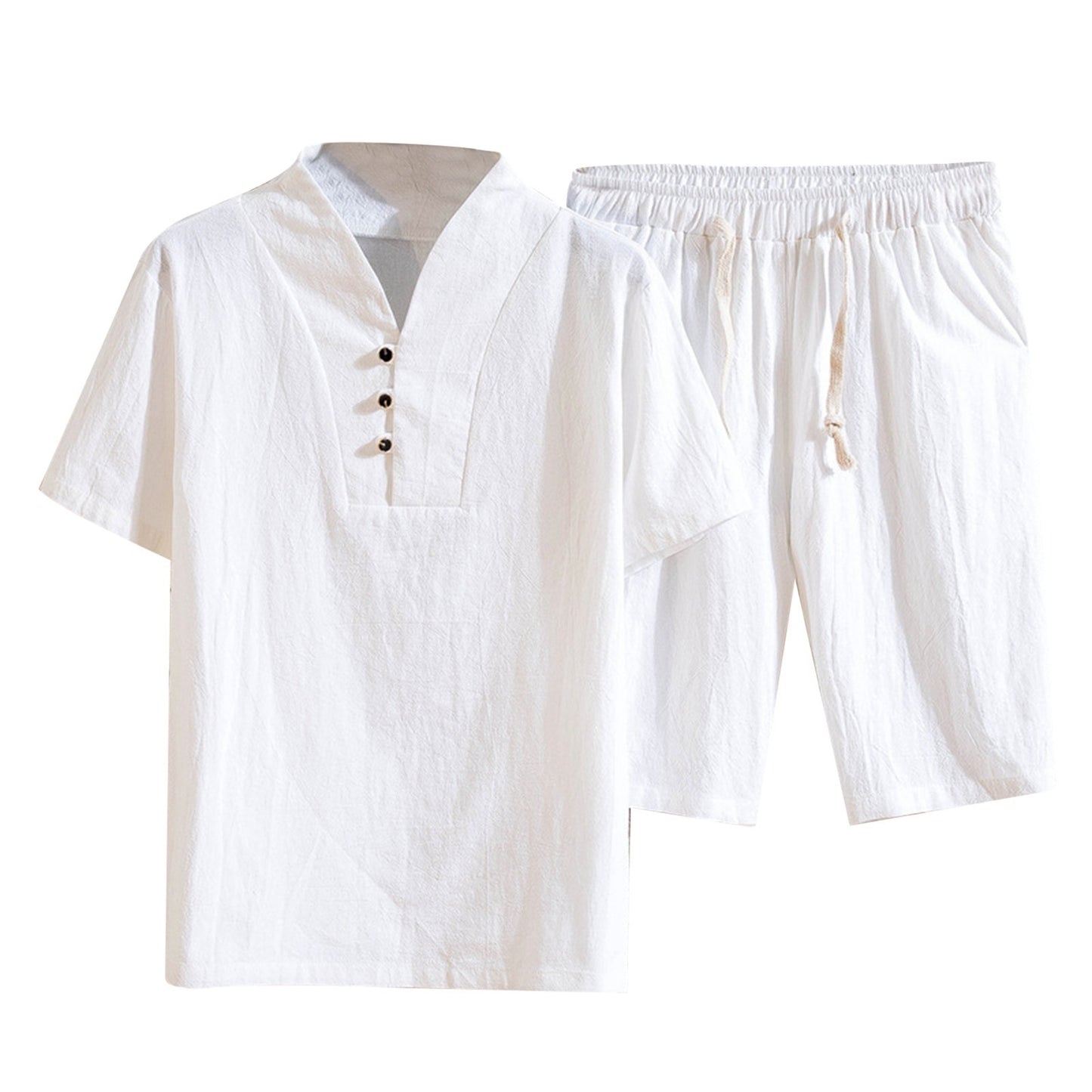 Short Sleeve Shorts Suit Summer Cotton Linen Solid Color