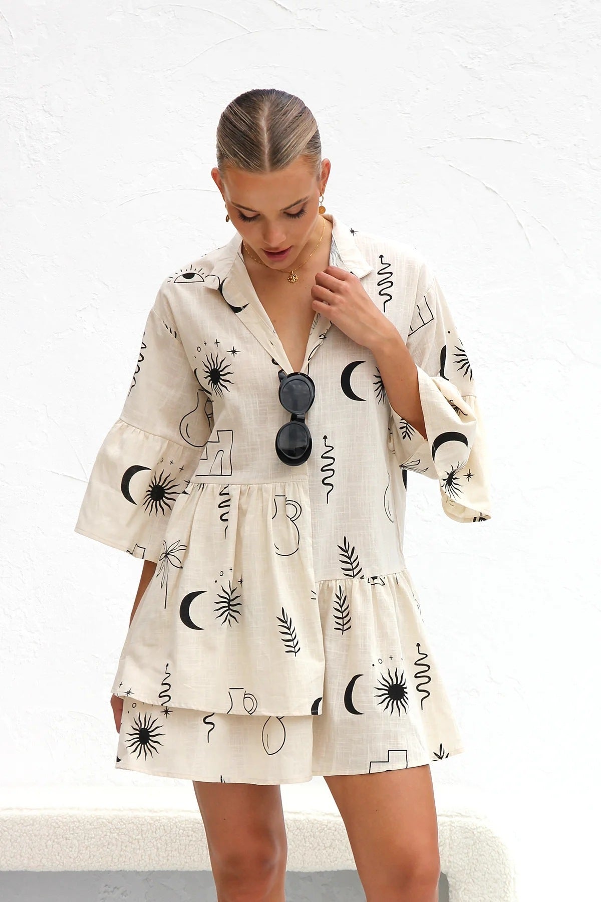 Horn Sleeve Ethnic Style Loose Shirt Short Dress