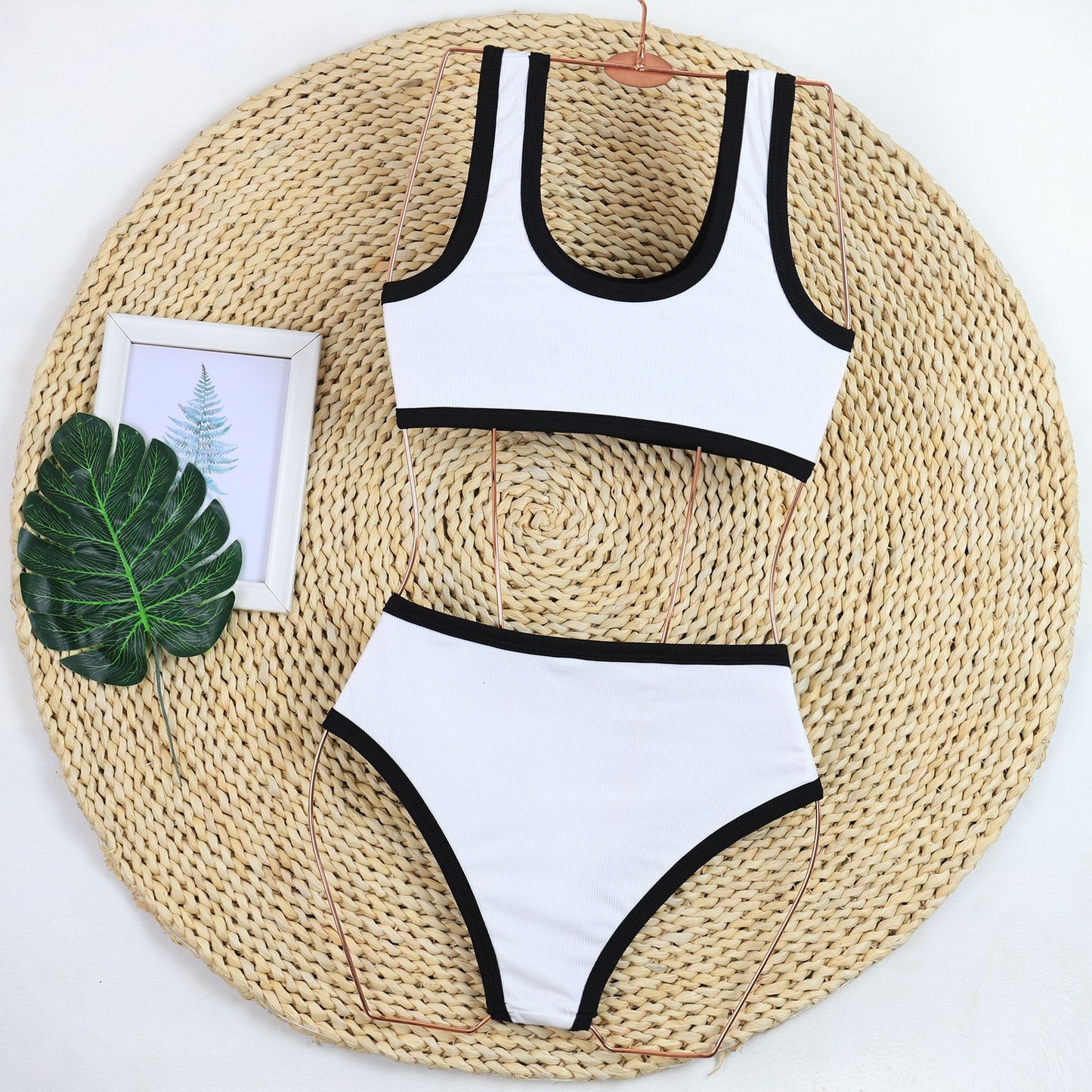 Sexy Black And White Color Matching High Waist Split Bikini Swimsuit