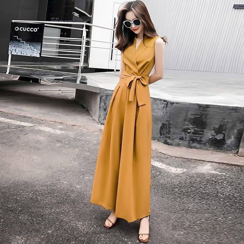 Student Korean Casual V-neck Slim Jumpsuit Wide-leg Pants Suit