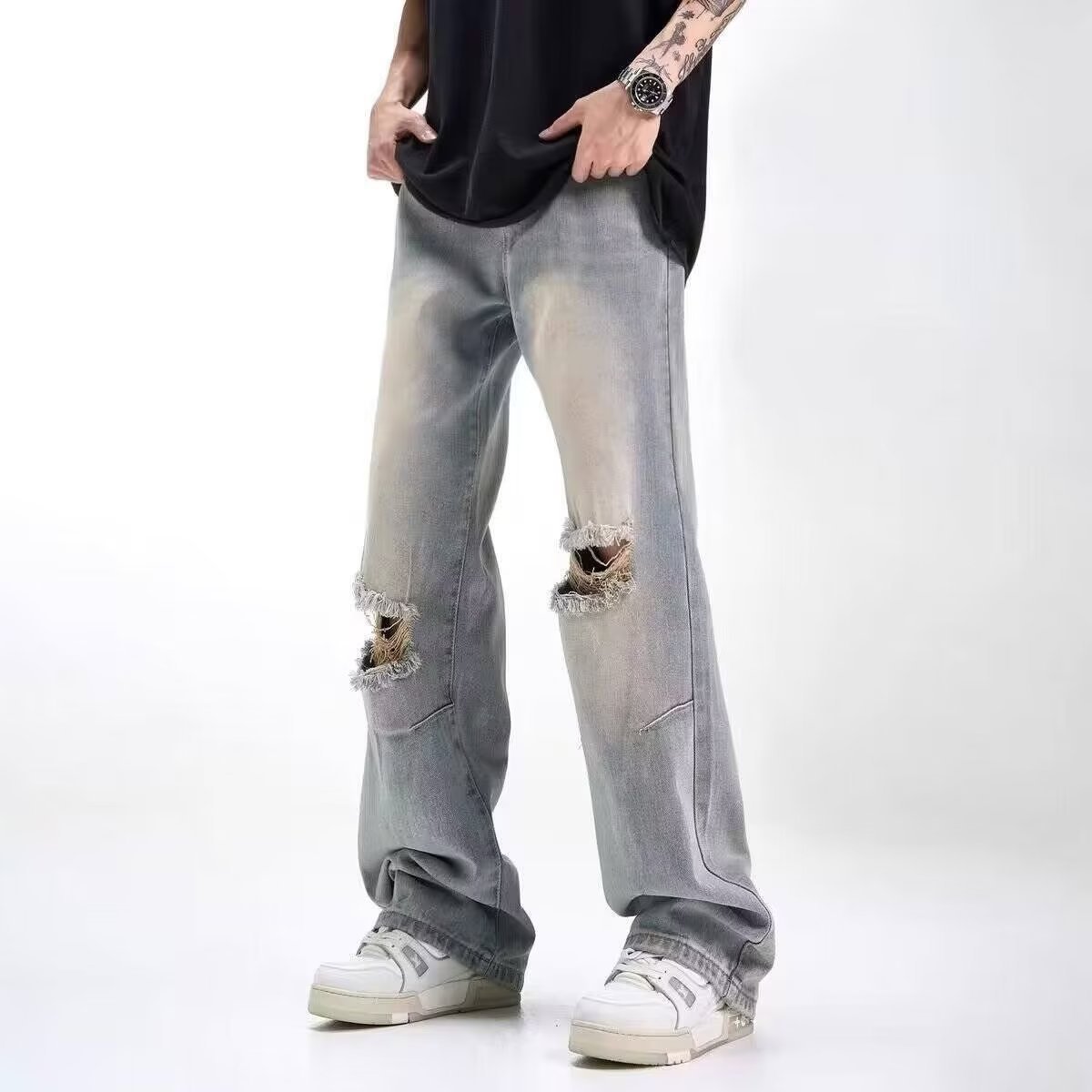 High Street American Retro Washed Make Old Ripped Black Gray Jeans