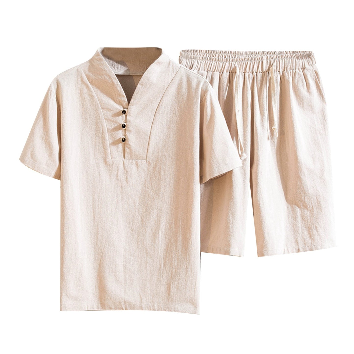 Short Sleeve Shorts Suit Summer Cotton Linen Solid Color