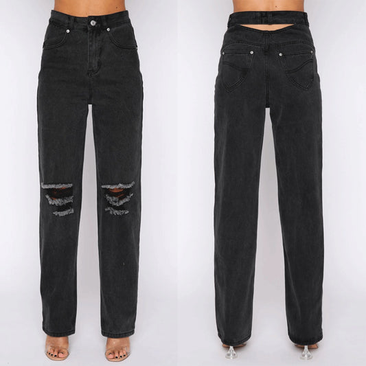 Street Hipster Ripped Washed Denim Straight Women's Trousers