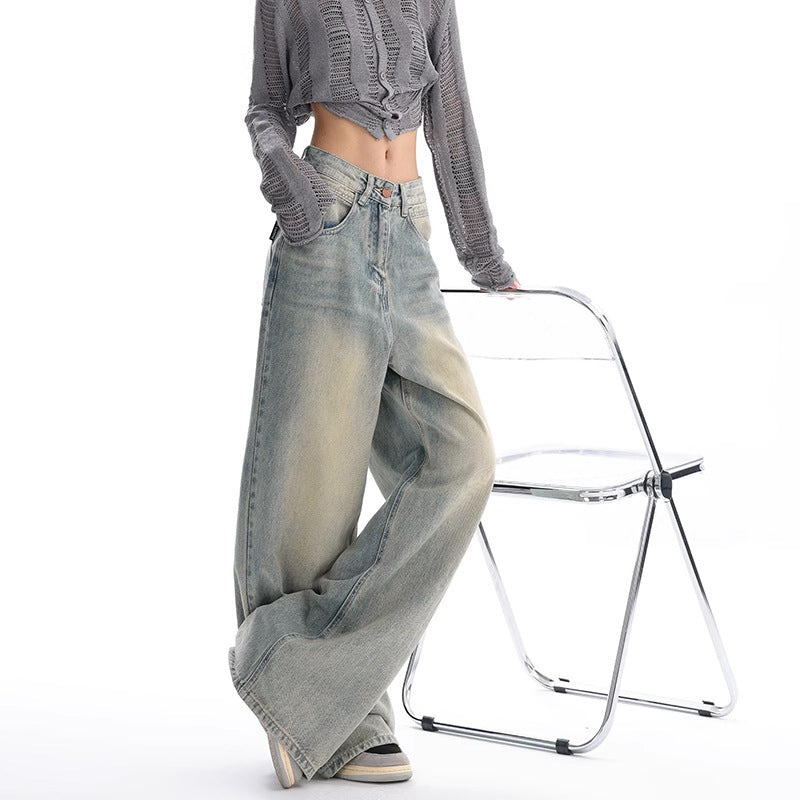 Retro Denim American Style Loose Slimming Mop Wide Leg Pants