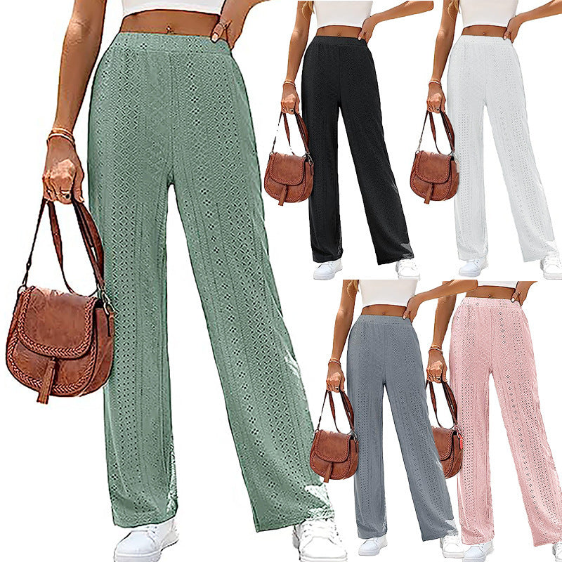 Women's Casual Solid Color Hollow Elastic Waist Wide Leg Pants