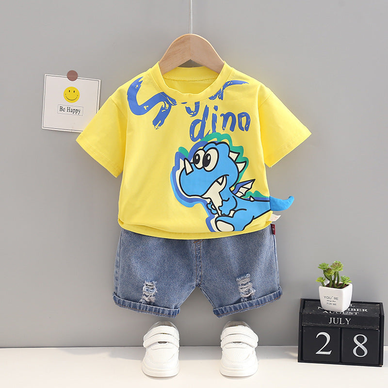 Dinosaur Round Neck Short Sleeve Cotton T-shirt Denim Shorts Suit