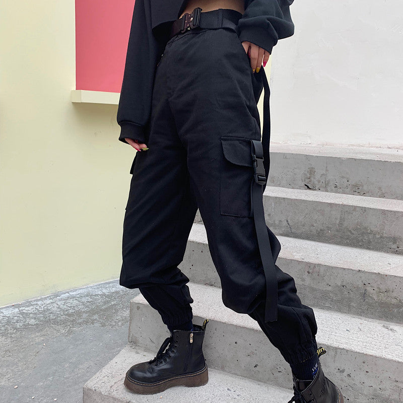 High Waist Hip Hop Black Loose Tappered Trousers For Women