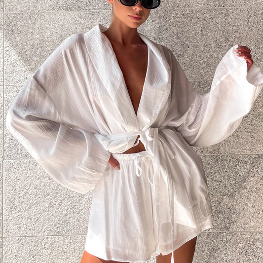 French Style Long Sleeve Lace-up Top Loose Shorts Suit