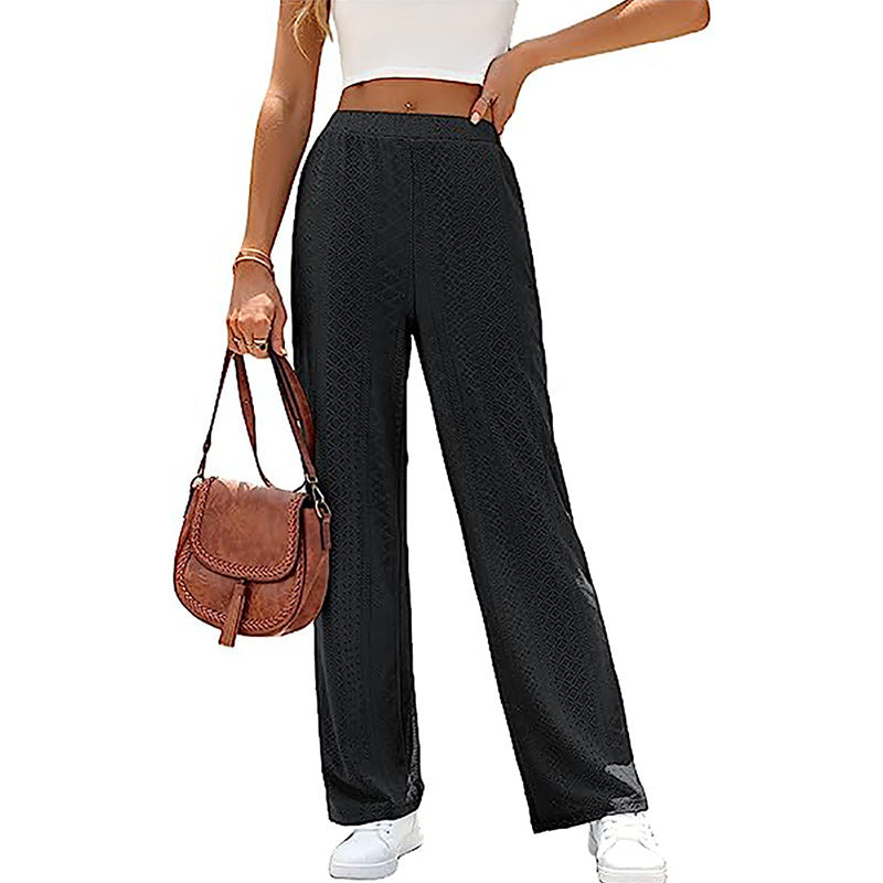 Women's Casual Solid Color Hollow Elastic Waist Wide Leg Pants