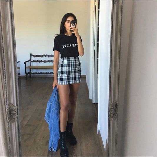 Plaid sexy bag hip skirt