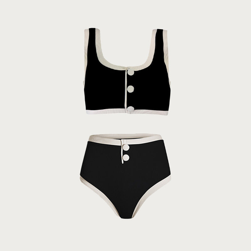 Sexy Black And White Color Matching High Waist Split Bikini Swimsuit