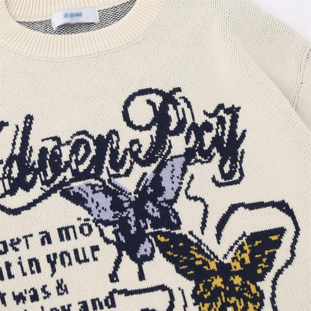 Butterfly Graffiti Round Neck Sweater Men's European And American