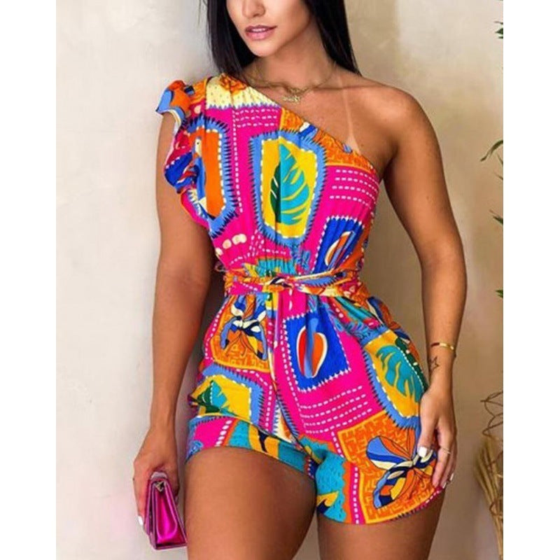 Printed Ruffle Sleeve Waist-controlled Lace-up Jumpsuit Shorts