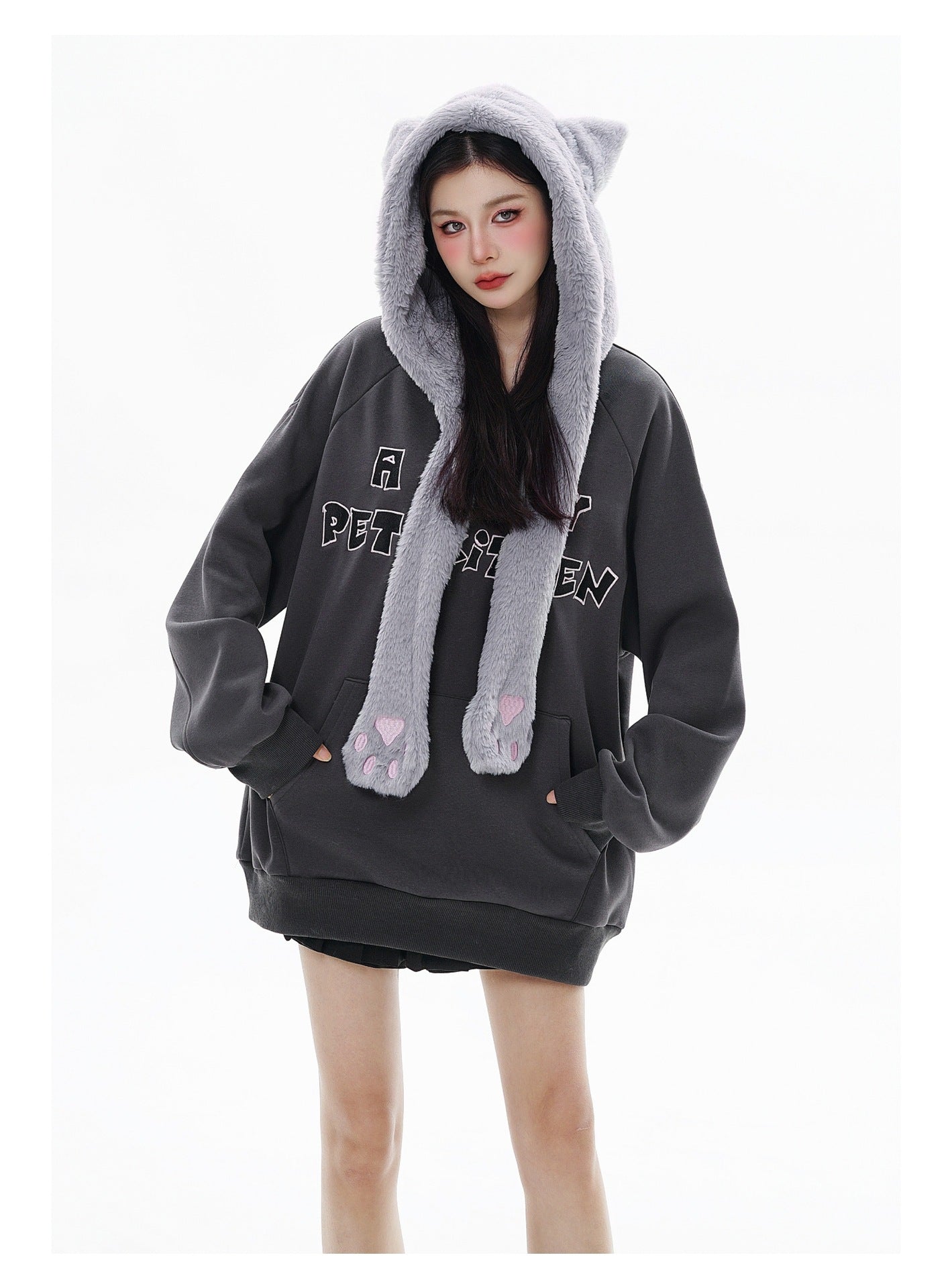 Fleece-lined Hooded Loose Pullover Sweatershirt