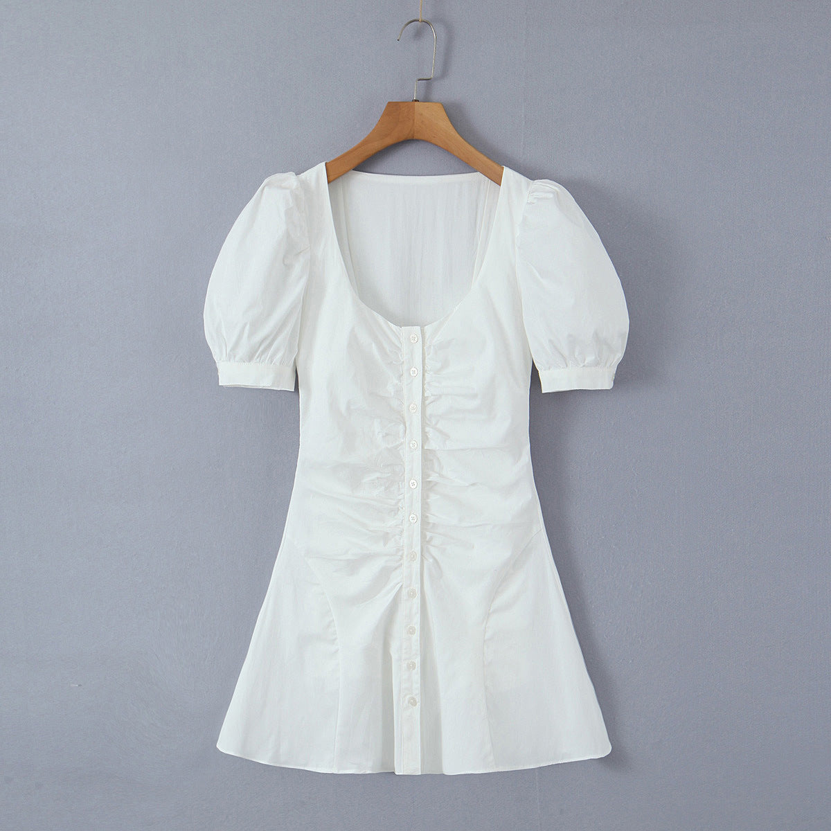 French Retro Square Collar Single Breasted Puff Short Sleeve Dress