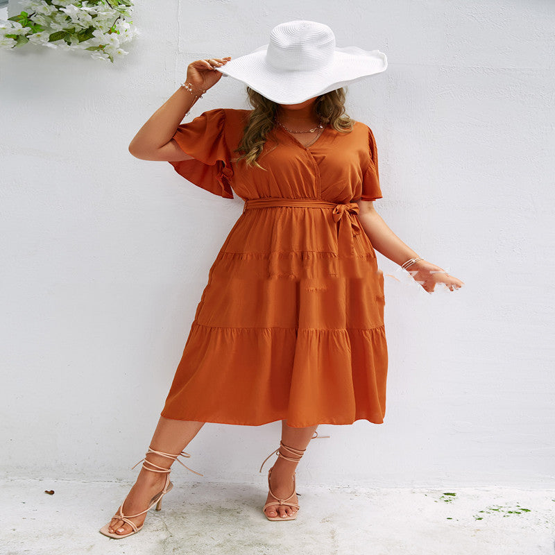 High Waist Chiffon Orange Sling Midi Dress