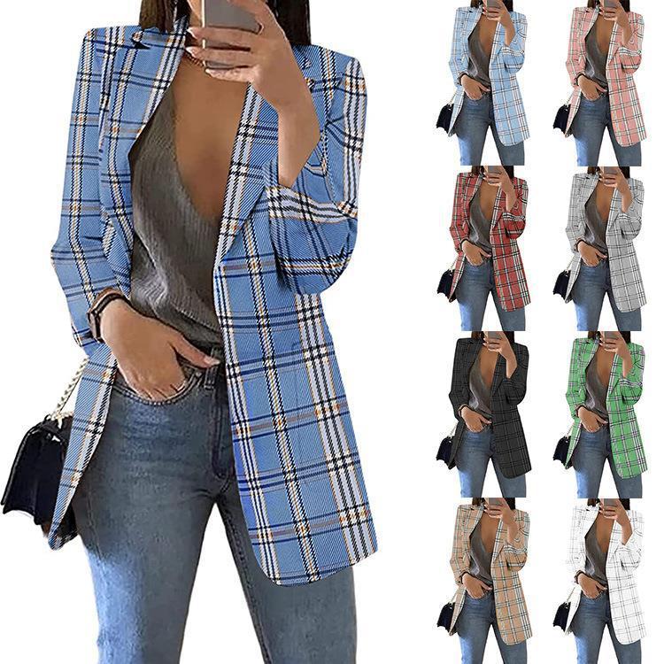 Fashion Plaid Casual Suit Lapel Slim Cardigan Suit Jacket Women