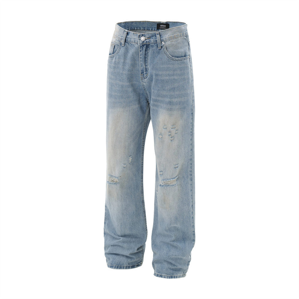 Make Old Ripped Denim Straight Pants Men