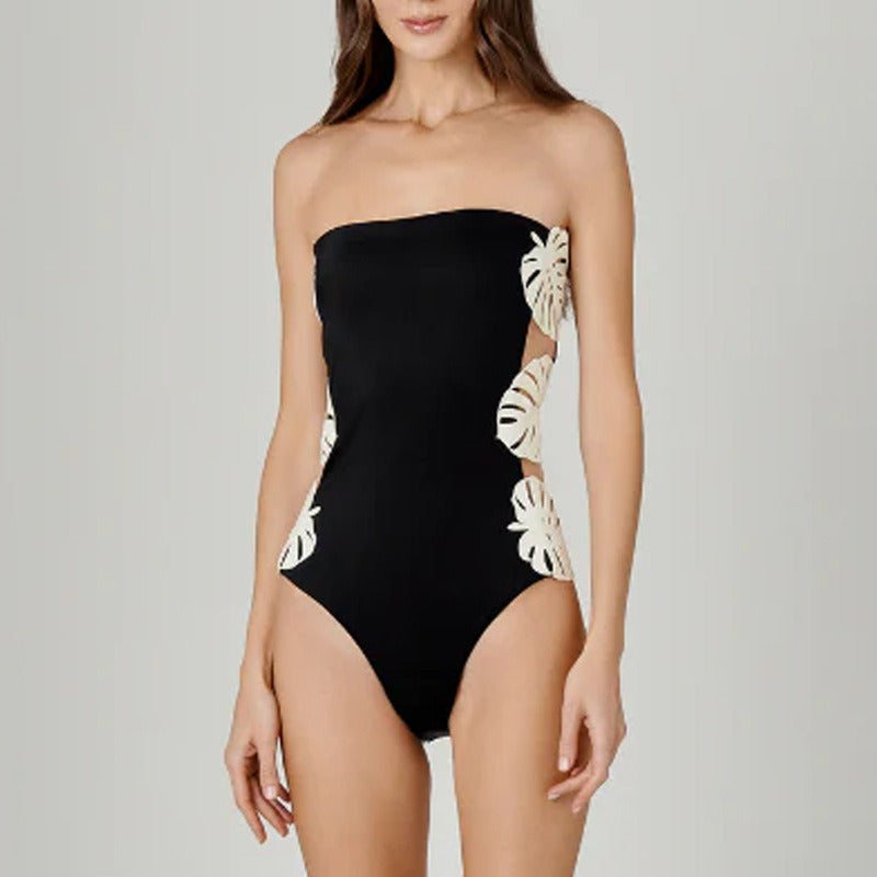 Hot girl black and white strapless leaf patchwork hollow one-piece swimsuit set for women