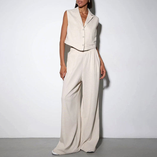 Vest High Waist Wide Leg Pants Suit Solid Color