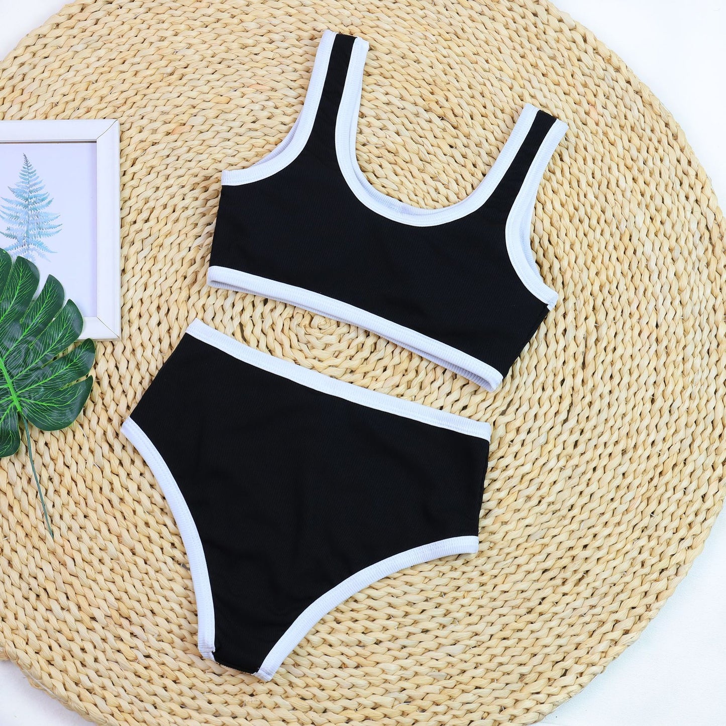 Sexy Black And White Color Matching High Waist Split Bikini Swimsuit