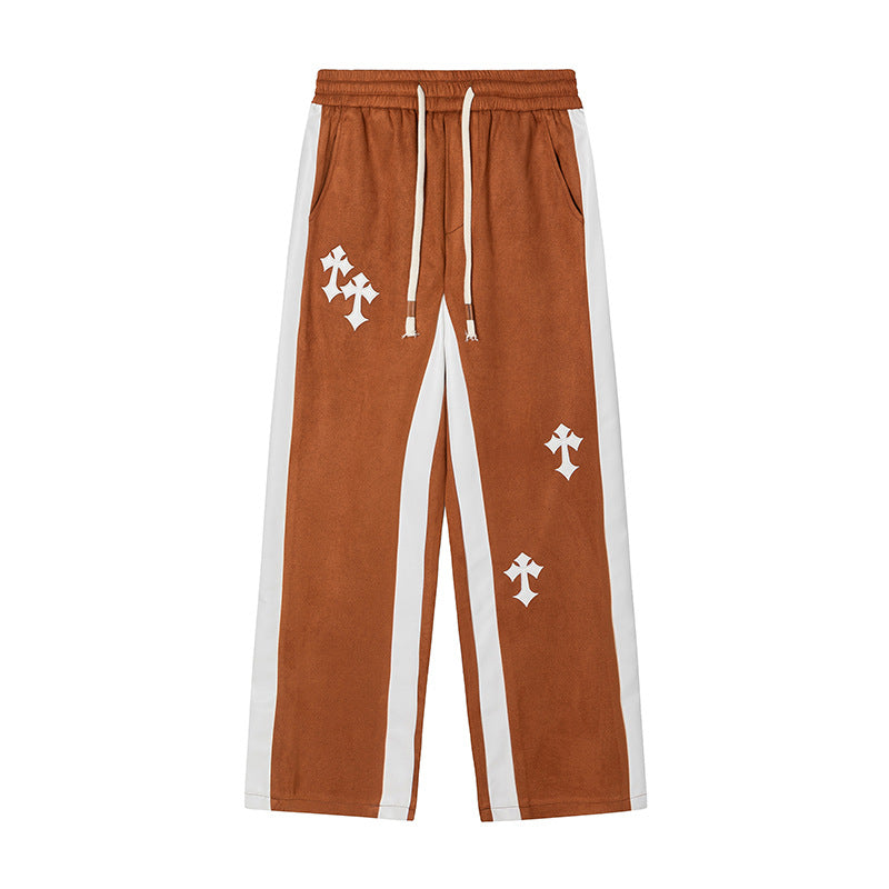 Classic American Retro Cross Embroidery Suede Casual Trousers for Men