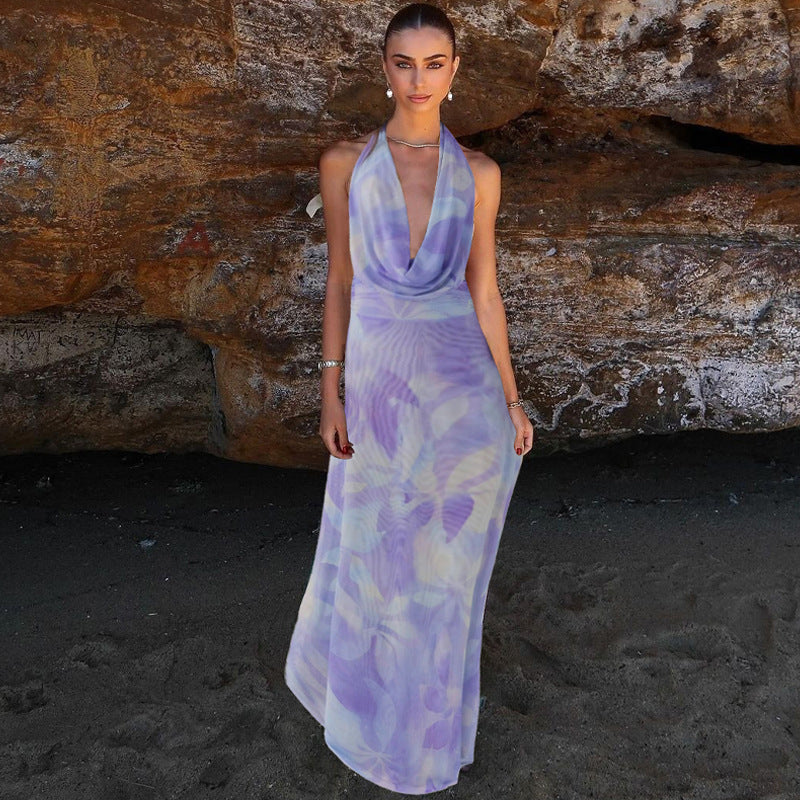 2pcs Ink Printing Deep V-neck Suits Fashion Halter Backless Long Dresses For Beach Party Womens Clothing