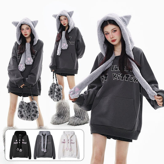 Fleece-lined Hooded Loose Pullover Sweatershirt