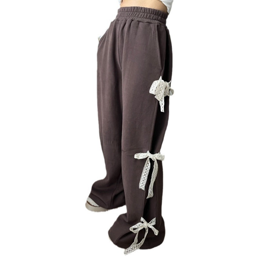 Stylish Fleece-Lined Sweater Pants with Elastic Waistband and Side Lace Detail