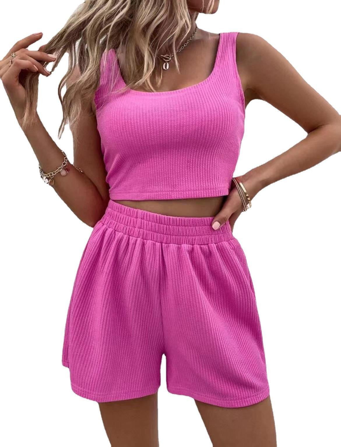 Sweet Knitted Suit Summer Square Neck Vest Top And Elastic Shorts Fashion Casual Solid Color 2Pcs Set Womens Clothing